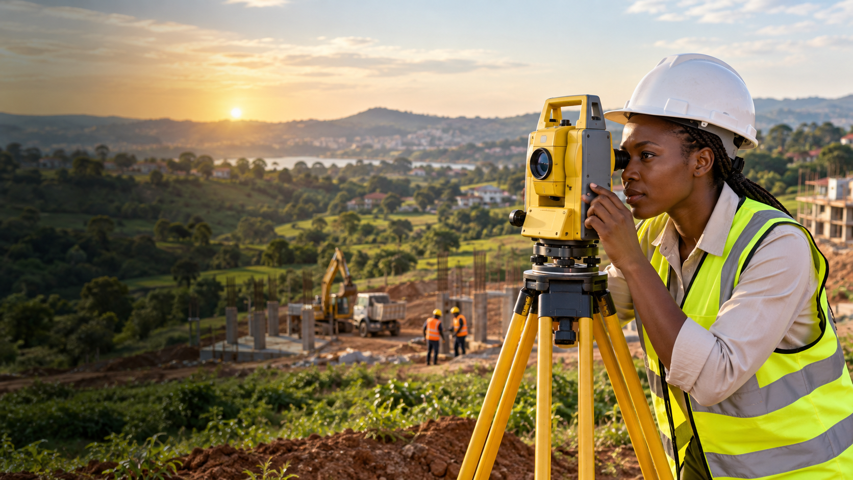 A professional surveyor operating a total station on a Ugandan development site